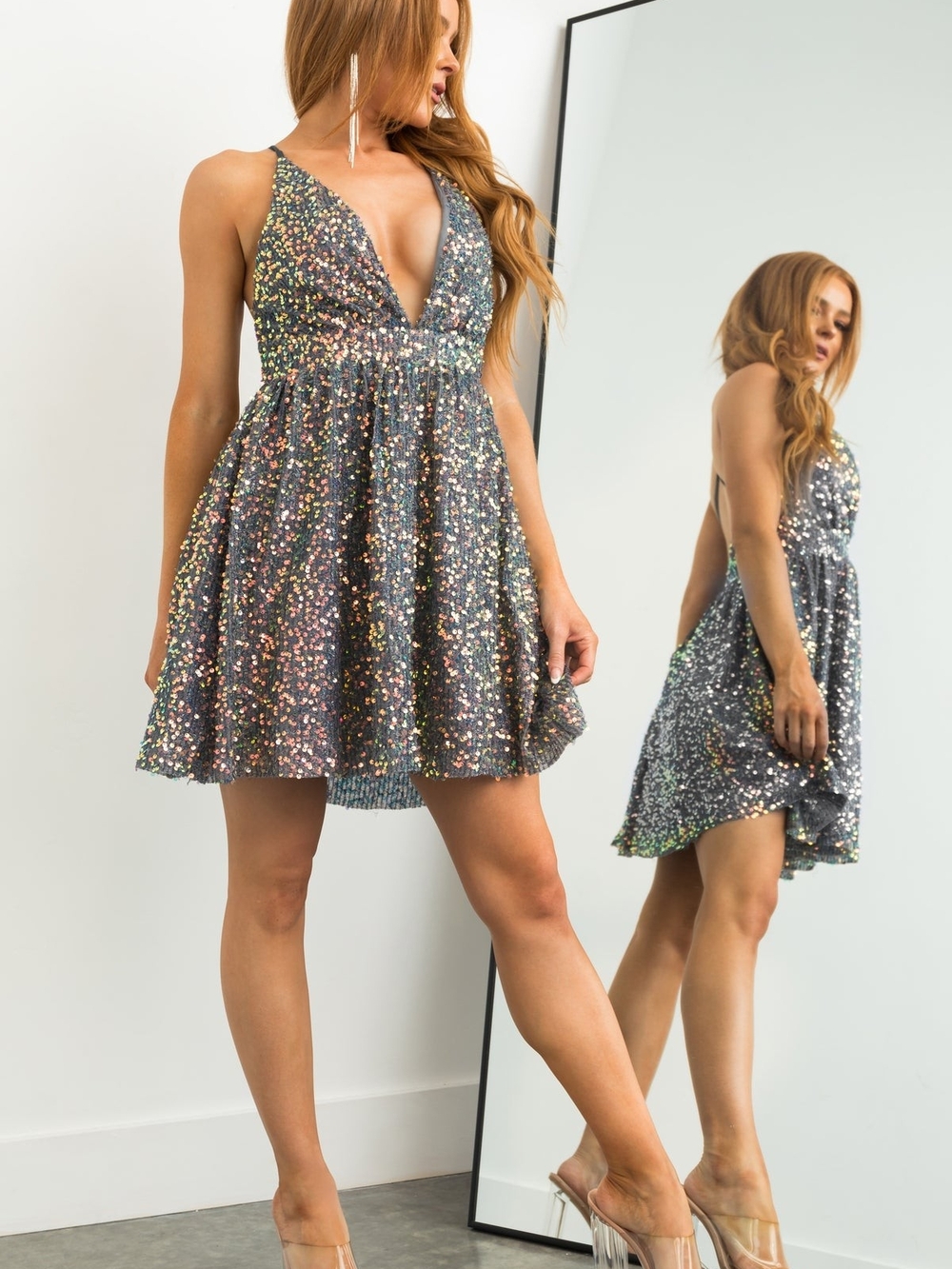 Sequined Deep V-Neck Party Dress - Silver